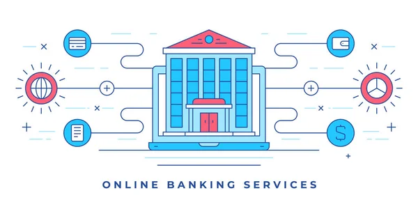 Vector illustration of line flat banner with building on smartphone and icons for website online banking services — Stock Vector