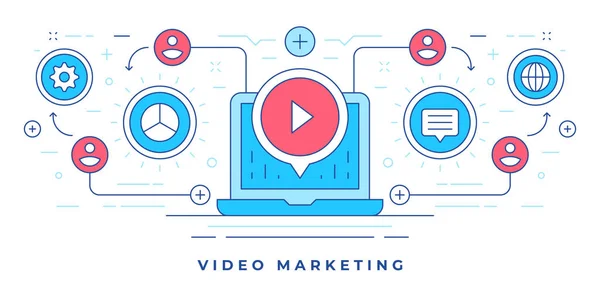 Ilustração vetorial de banner de linha plana com laptop moderno e ícones para serviços de marketing de vídeo nas mídias sociais —  Vetores de Stock