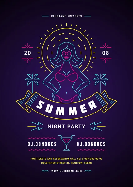 Sommar beach party flyer eller affisch mall neon skyltning ljus typografi stil design. — Stock vektor