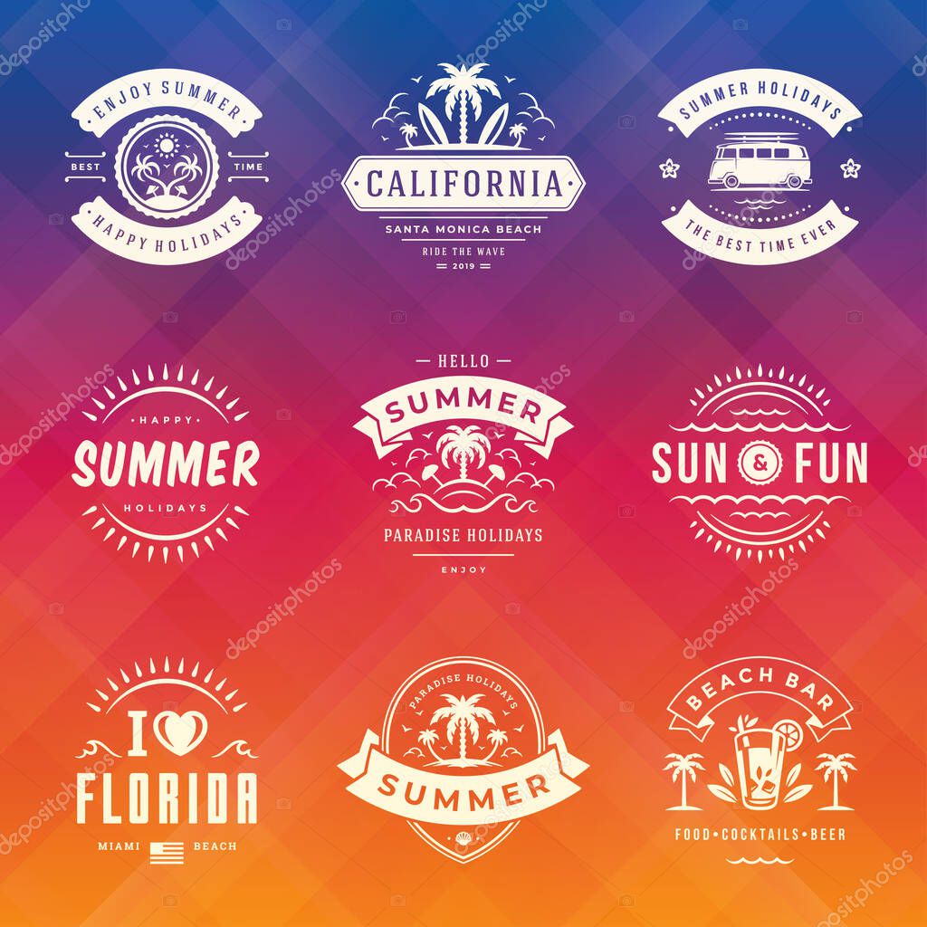 Summer holidays labels and badges retro typography design set. Templates for greeting cards, posters and apparel design. Vector illustration.