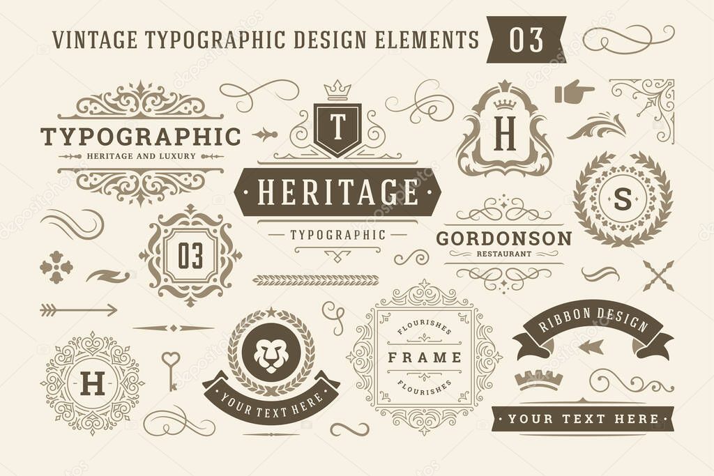 Vintage typographic design elements set vector illustration. Labels and badges, retro ribbons, luxury ornate logo symbols, calligraphic swirls, flourishes ornament vignettes and other.