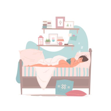 Evde rahat bir yatakta uyuyan bir kadın.