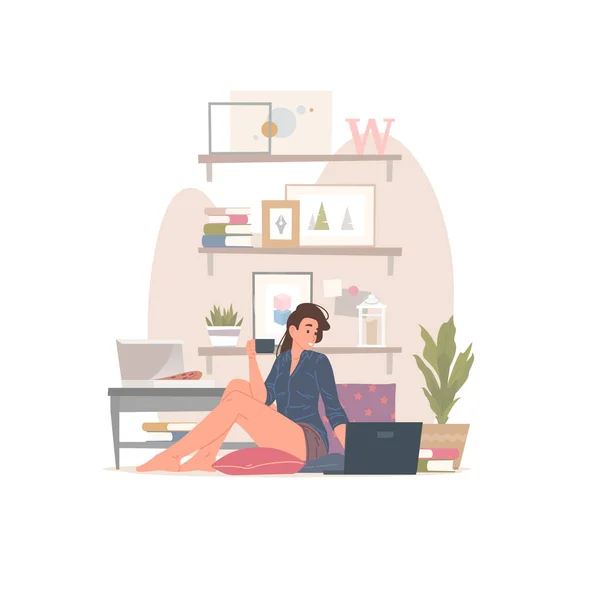 Woman with hot drink using laptop at home — Stock Vector