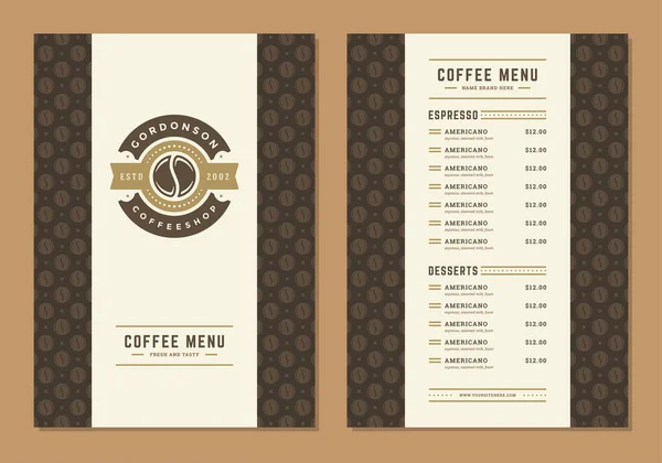 Coffee menu design template flyer for cafe with coffee shop bean symbol and vintage typographic decoration elements. — Stock Vector