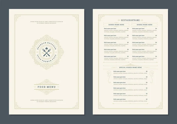 Modelo de design de menu com capa e restaurante folheto vetor logotipo vintage. — Vetor de Stock