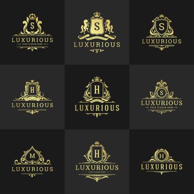 Lüks vintage süs logosu monogram arma şablonları tasarım vektör illüstrasyonu