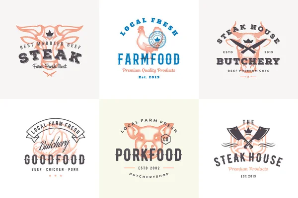 Handgetekende logo 's en etiketten boerderijdieren met moderne vintage typografie hand getekende stijl set vector illustratie — Stockvector