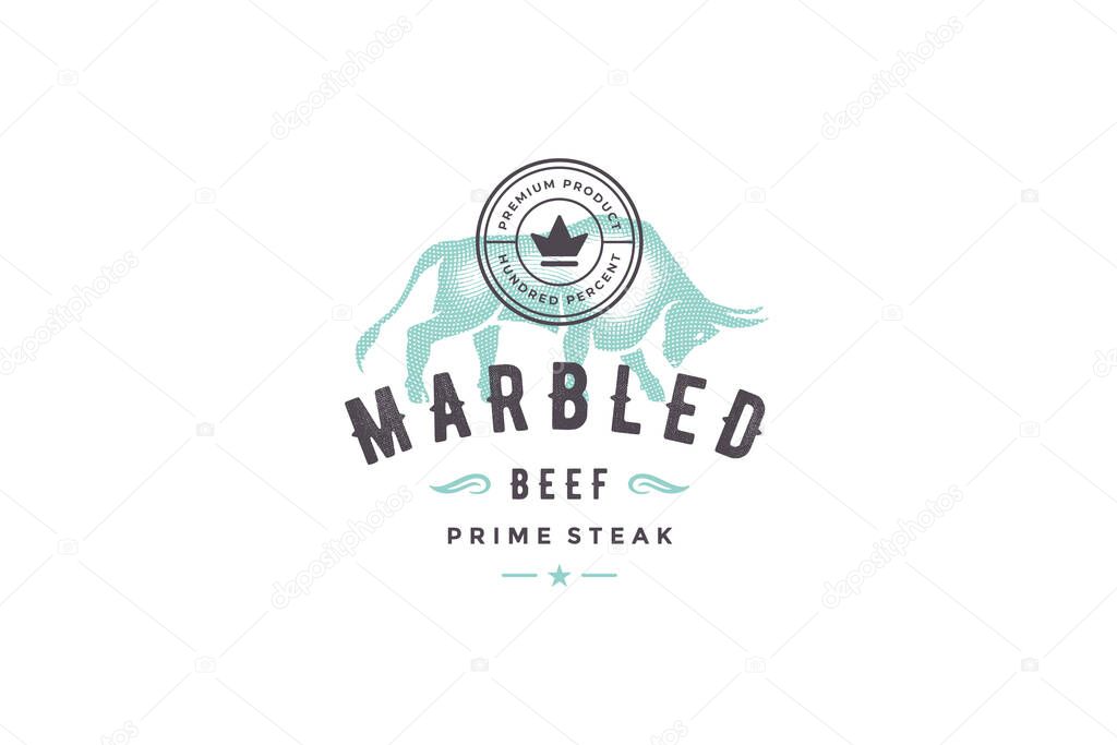 Hand drawn logo bull silhouette and modern vintage typography retro style vector illustration