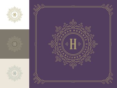 Klasik logo monogram şablonu, altın zarif vektör süslemeleri serpiyor.