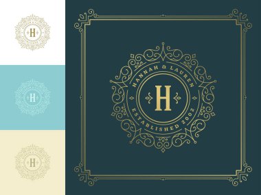 Klasik logo monogram şablonu, altın zarif vektör süslemeleri serpiyor.