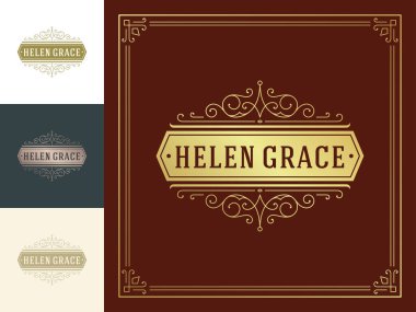 Antika logo şablonu, altın zarif vektör süslemeleri serpiyor.