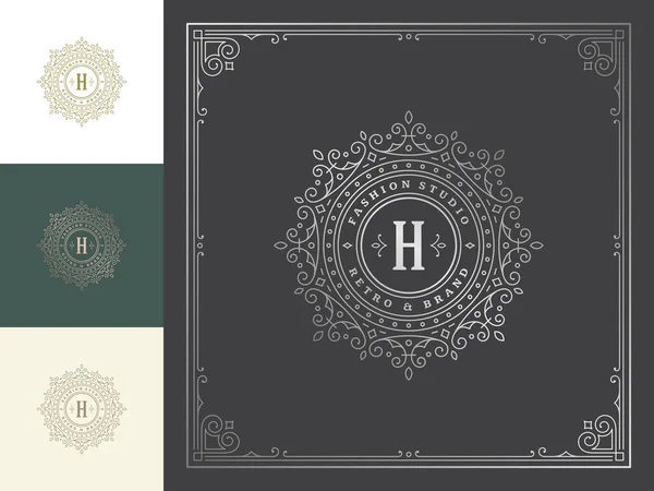 Vintage logo monogram template vector gouden elegante bloeit ornamenten. — Stockvector