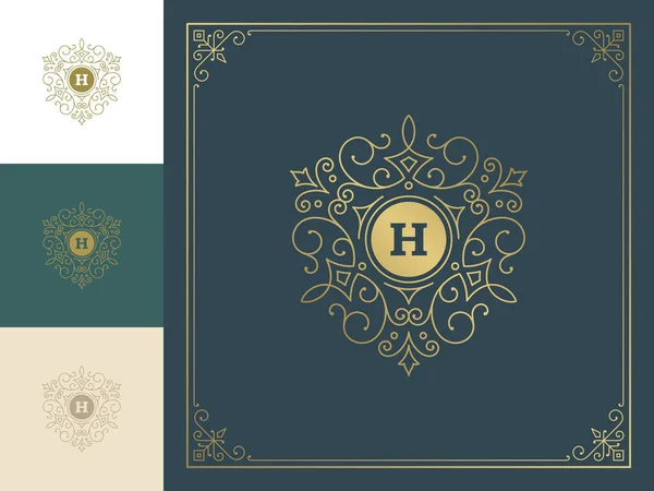 Vintage logo monogram template vector gouden elegante bloeit ornamenten. — Stockvector