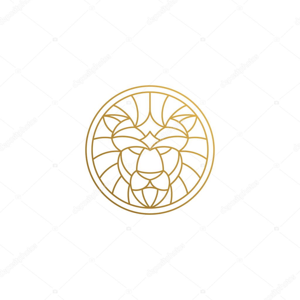 Minimal vector illustration of round shaped linear style logo design template of golden geometric lion head as aggressive apex predator