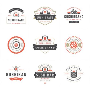 Suşi restoranının logoları ve rozetleri suşi somonlu Japon yemeklerini siluet vektör çizimine ayarlıyor.