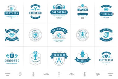 Deniz ürünleri logoları veya tabelalar vektör illüstrasyon balık pazarı ve restoran amblemleri dizayn etme şablonu