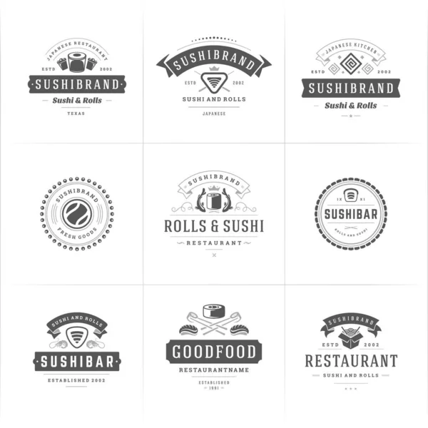 Logotipos y distintivos del restaurante Sushi set comida japonesa con sushi salmón rollos siluetas vector ilustración — Archivo Imágenes Vectoriales