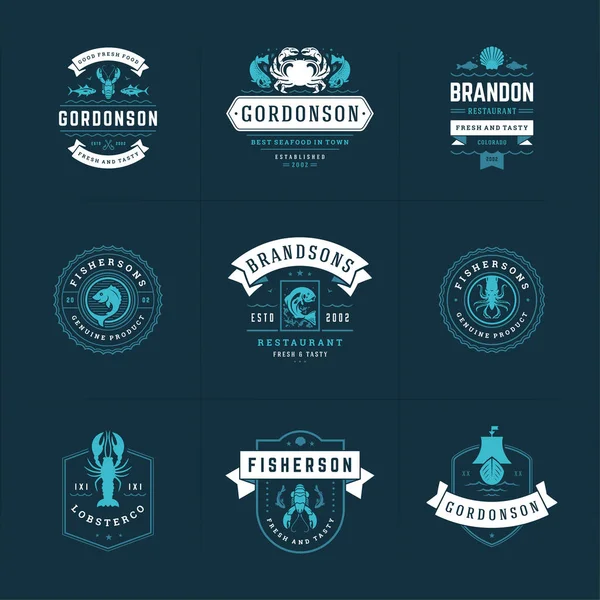 Logotipos ou sinais de frutos do mar conjunto vetor ilustração mercado de peixe e restaurante emblemas modelos design — Vetor de Stock