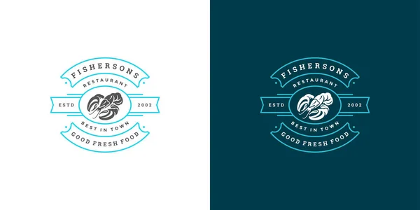 Frutti di mare logo o segno vettore illustrazione mercato del pesce e modello di emblema ristorante design aragosta silhouette — Vettoriale Stock