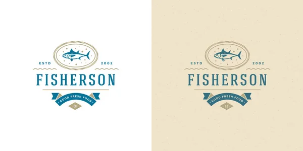 Deniz ürünleri logosu veya vektör illüstrasyon balık pazarı ve restoran amblemi tasarım ton balığı silueti — Stok Vektör