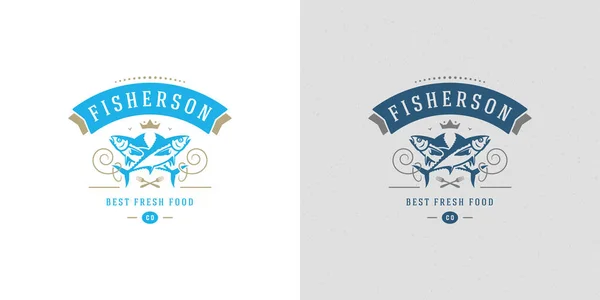 해산물로고 또는 수화 벡터 삽화 생선 시장과 식당의 상징 참다랑어 실루엣 무늬 — 스톡 벡터