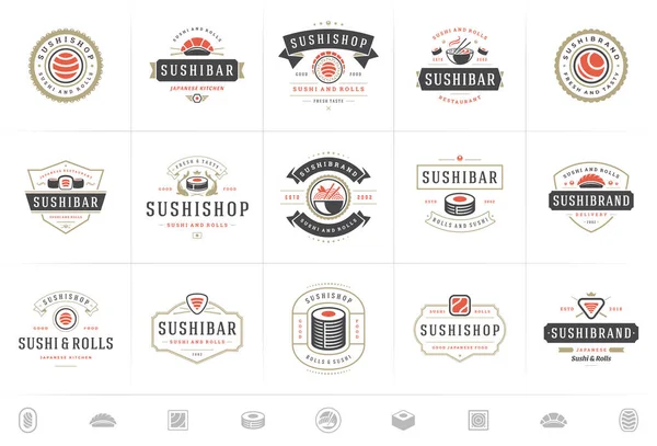 Logos et insignes du restaurant Sushi assortis d'aliments japonais avec des rouleaux de saumon sushi silhouettes illustration vectorielle — Image vectorielle