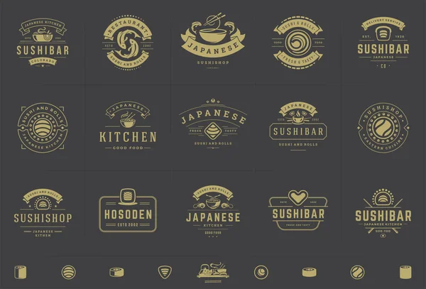 Logotipos y distintivos del restaurante Sushi set comida japonesa con sushi salmón rollos siluetas vector ilustración — Vector de stock