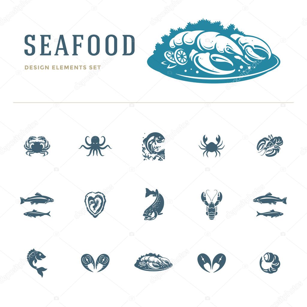 Seafood icons and silhouettes isolated on white set vector illustration. Good for seafood restaurant menu and fisherman logos.