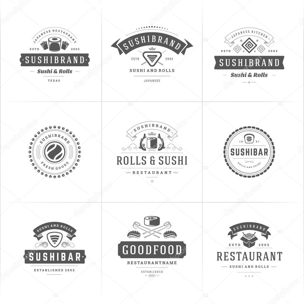 Sushi restaurant logos and badges set japanese food with sushi salmon rolls silhouettes vector illustration. Modern retro typography emblems and signs design.