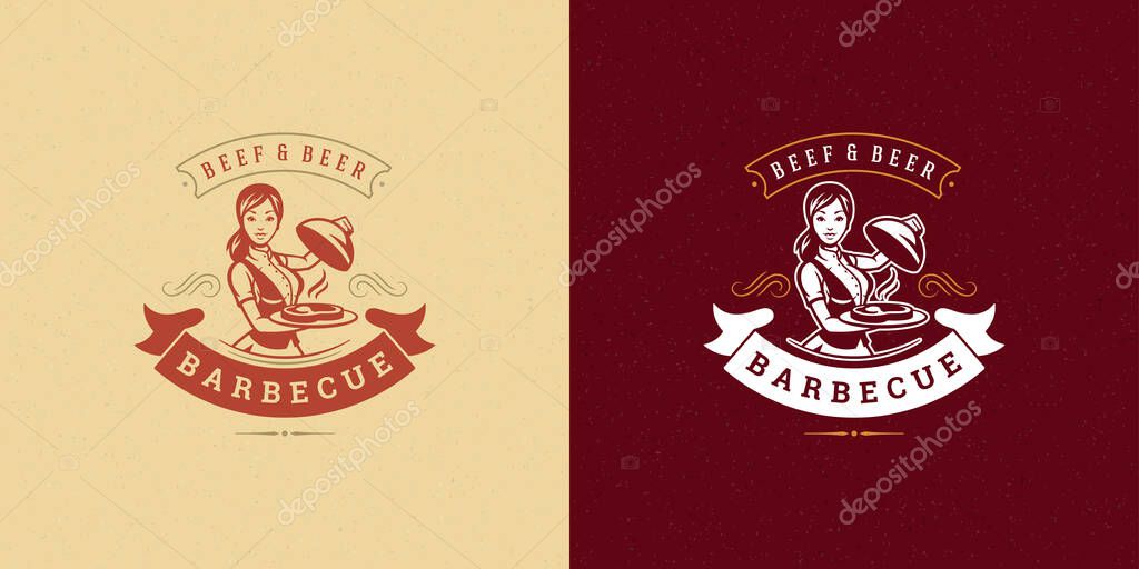 Barbecue logo vector illustration grill steak house or bbq restaurant menu emblem waitress with dish silhouette. Modern vintage typographic badge or label design and decoration.