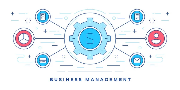 Vektor-Illustration eines Flatline-Banners mit Ausrüstung und Symbolen für eine moderne Website zur Förderung von Business-Management-Dienstleistungen — Stockvektor