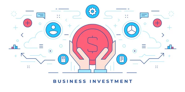 Ilustração vetorial de banner plano de linha com mãos humanas segurando moeda perto de ícones gráficos para o site de investimento de negócios — Vetor de Stock