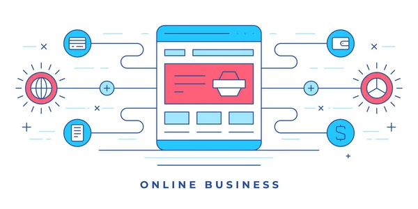 オンラインビジネスを促進するインターネットショップやグラフィックアイコンのウェブサイトのページとフラットラインバナーのベクトルイラスト — ストックベクタ