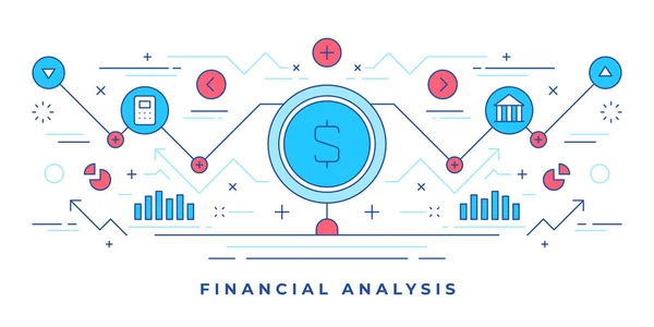 Vector illustratie van vlakke lijn banner met geld symbool en grafische pictogrammen voor financiële analyse marketing campagne — Stockvector