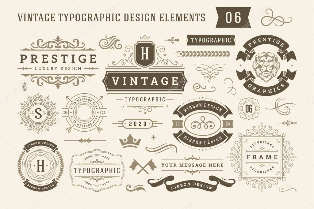 Vintage typographic design elements set vector illustration. Labels and badges, retro ribbons, luxury ornate logo symbols, calligraphic swirls, flourishes ornament vignettes and other.