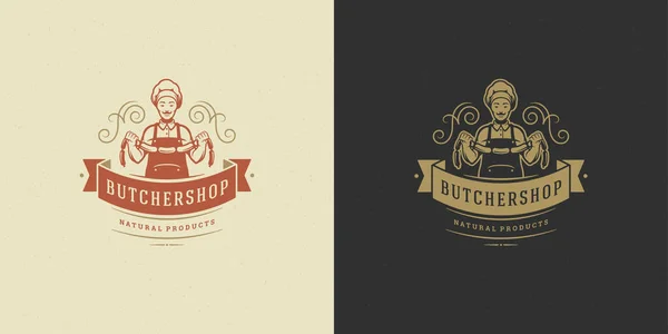 Řezník shop logo vektor ilustrace šéfkuchař drží klobásy silueta dobrá pro restaurace menu odznak — Stockový vektor