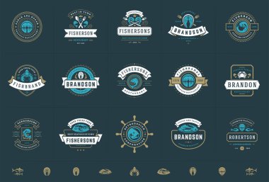 Deniz ürünleri logoları veya tabelalar vektör illüstrasyon balık pazarı ve restoran amblemleri dizayn etme şablonu