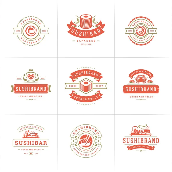 Logotipos y distintivos del restaurante Sushi set comida japonesa con sushi salmón rollos siluetas vector ilustración — Archivo Imágenes Vectoriales