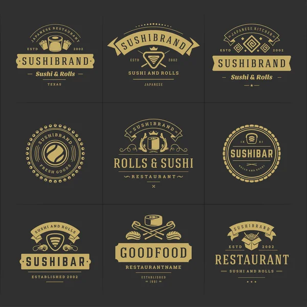 Logos et insignes du restaurant Sushi assortis d'aliments japonais avec des rouleaux de saumon sushi silhouettes illustration vectorielle — Image vectorielle