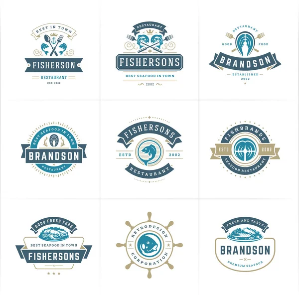 Морепродукти логотипи або знаки набір Векторні ілюстрації рибний ринок і дизайн шаблонів ресторанних емблем — стоковий вектор