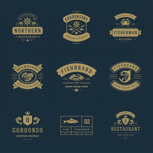 Seafood logos or signs set vector illustration fish market and restaurant emblems templates design — Stock Vector