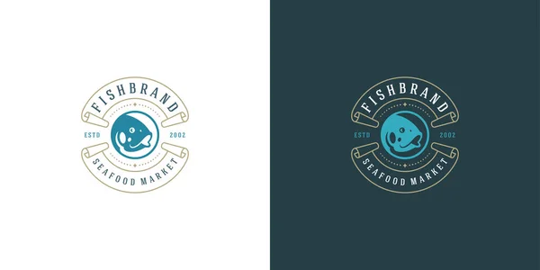 Seafood logotipo ou sinal vetor ilustração mercado de peixe e restaurante emblema modelo design peixe silhueta — Vetor de Stock