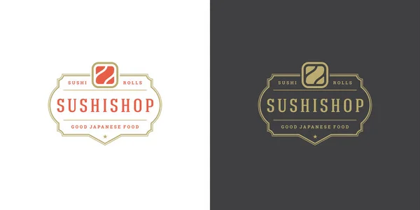 Suşi logosu ve rozetli Japon yemek restoranı suşi somon rulosu Asyalı mutfak silueti çizimi — Stok Vektör