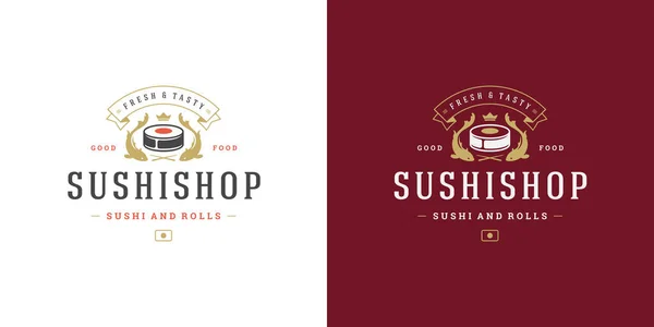 Sushi logo y placa comida japonesa restaurante con sushi salmón rollo asiático cocina silueta vector ilustración — Archivo Imágenes Vectoriales