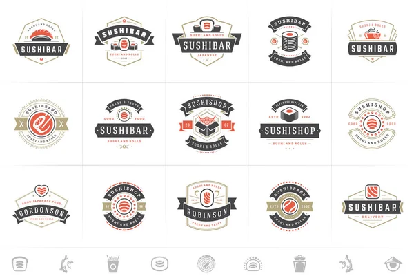 Logotipos y distintivos del restaurante Sushi set comida japonesa con sushi salmón rollos siluetas vector ilustración — Vector de stock