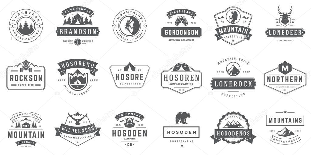 Camping logos and badges templates vector design elements and silhouettes set. Outdoor adventure mountains and forest camp vintage style emblems and logos retro illustration.