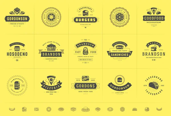 Логотипы быстрого питания настраивают векторную иллюстрацию, хорошо подходящую для пиццерии или магазина гамбургеров и ресторанного меню с силуэтом еды — стоковый вектор