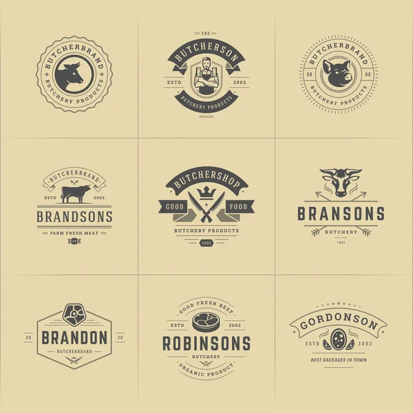 Slagerlogos set vector illustratie goed voor boerderij of restaurant badges met dieren en vlees silhouetten — Stockvector