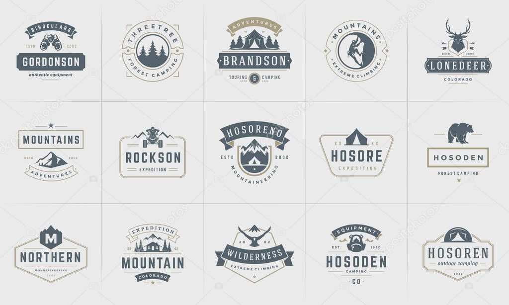 Camping logos and badges templates vector design elements and silhouettes set. Outdoor adventure mountains and forest camp vintage style emblems and logos retro illustration.