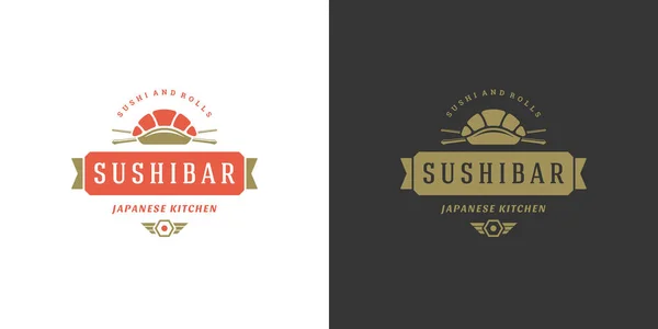 Sushi logo en badge japans eten restaurant met zalm sashimi aziatische keuken silhouet vector illustratie — Stockvector